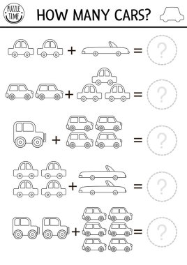 Siyah beyaz kaç araba var? Anaokulu çocukları için ulaşım hattı matematik ek aktivitesi. Sevimli araçlı çocuklar için basit satır taşınabilir yazıcı çalışma kağıdı veya boyama sayfası