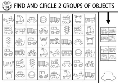 Ulaşım aracı siyah-beyaz oyunu arar ve bulur. Çocuklar için ulaşım hattı yazdırılabilir etkinlik ya da boyama sayfası. Araba, kamyon, otobüs, uçak ile bulmaca aranıyor. Nesne grupları bul