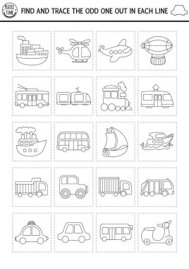 Garip olanı bul. Çocuklar için siyah-beyaz ulaşım mantıksal aktivite. Su, hava, arazi, toplu taşıma bilgi sınavı çalışma kâğıdı veya boyama sayfası. Araba, otobüs, tren ve Truc ile basılabilir oyun