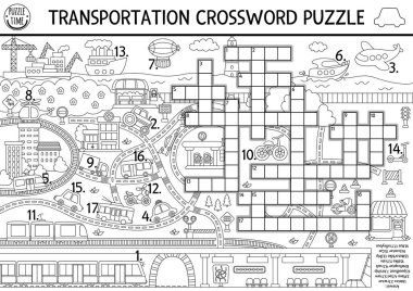 Çocuklar için siyah-beyaz bulmaca taşıyıcısı. Şehir manzarasıyla ilgili basit bir sınav. Ulaşım, araba, tren, otobüs ve metro ile ilgili eğitim aktiviteleri. Sevimli çapraz sözcük renklendirme geçişi