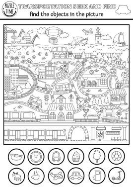 Vector transportation searching black and white game with city landscape with roads, cars, metro. Spot hidden objects coloring page. Water, air, land transport seek and find activity for kid clipart