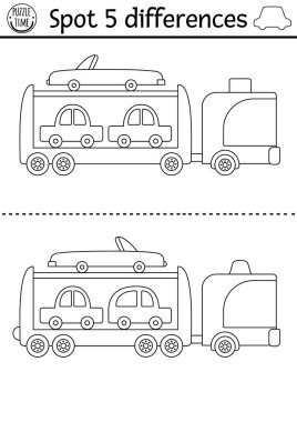 Çocuklar için farklılık oyunu bul. Sevimli bir araba taşıyıcısı ile eğitim amaçlı siyah-beyaz ulaşım hattı. Çekici kamyonu olan çocuklar için şirin bir bulmaca. Yazdırılabilir çalışma tablosu veya renklendirme sayfası