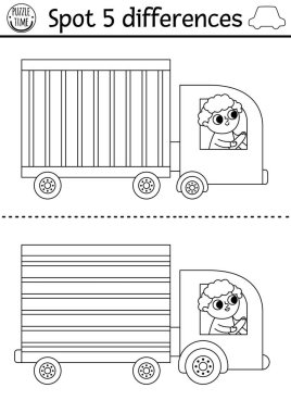 Çocuklar için farklılık oyunu bul. Ulaşım hattı siyah-beyaz, şoförlü şirin bir kamyoneti olan eğitici siyah-beyaz aktivite. Ulaşım araçları olan çocuklar için hoş bir bulmaca. Yazdırılabilir çalışma tablosu veya renklendirme sayfası