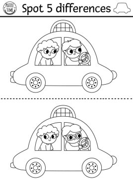 Find differences game for children. Transportation line educational black and white activity with taxi cab, passenger, driver. Cute puzzle for kids with transport. Printable worksheet, coloring page clipart