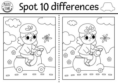 Çocuklar için farklılık oyunu bul. Güzel bir kızın scooter sürdüğü, eğitici siyah-beyaz bir araç. Ulaşım araçları olan çocuklar için şirin bir bulmaca. Yazdırılabilir çalışma tablosu veya renklendirme sayfası