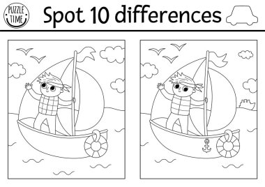 Çocuklar için farklılık oyunu bul. Yelkenlili siyah beyaz bir araç, denizde yüzen bir çocuk. Su taşıyan çocuklar için şirin bir boyama sayfası. Yazdırılabilir çalışma grubu