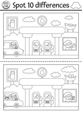 Çocuklar için farklılık oyunu bul. Sevimli arabası, sürücüsü, benzin istasyonu, kafesi olan siyah beyaz ulaşım aktivitesi. Taşımacılık yapan çocuklar için hoş bir boyama sayfası. Yazdırılabilir çalışma grubu