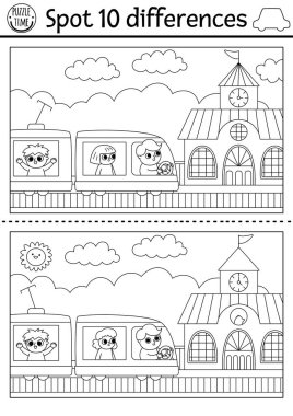 Find differences game for children. Transportation black and white activity with train, passengers, driver, railway station. Coloring page for kids with funny transport. Printable workshee clipart