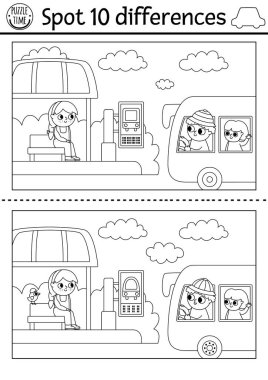 Çocuklar için farklılık oyunu bul. Sevimli otobüs, şoför, otobüs durağından yolcu seçen siyah beyaz bir ulaşım aracı. Taşımacılık yapan çocuklar için hoş bir boyama sayfası. Yazdırılabilir çalışma grubu