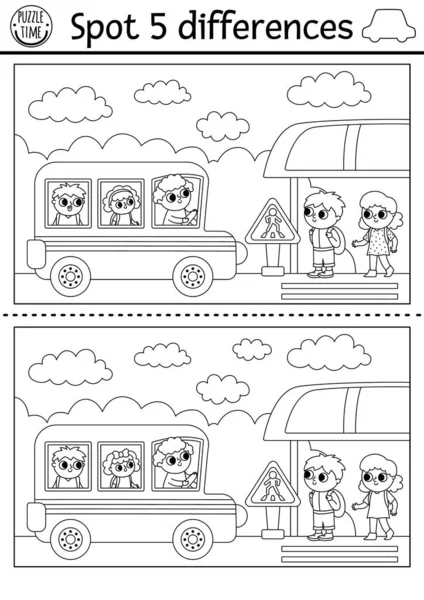 为孩子们找出不同的游戏 用校车 在巴士站接送孩子等方式运送黑人和白人的活动 运输的难题 可打印的工作表或着色桶 — 图库矢量图片