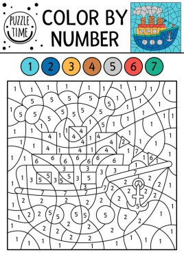 Taşıma rengine göre gemiyle numara aktivitesi. Su taşıma sahnesi. Buharlı siyah beyaz sayma oyunu. Yelkenli çocuklar için boyama sayfası