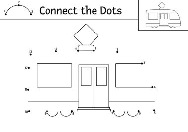 Noktadan noktaya vektör ve tramvayla renk etkinliği. Ulaşım, komik tramvayı olan çocuklar için noktaları birleştirme oyunu. Çocuklar için boyama sayfası. Yazdırılabilir çalışma grubu