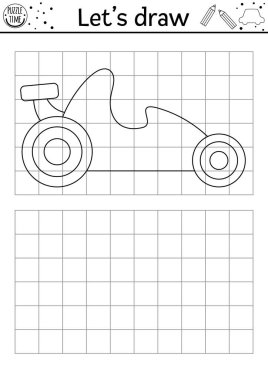 Yarış arabasını çiz. Vektör taşıma çizim çalışma tablosu. Hızlı aracı olan çocuklar için basılabilir siyah beyaz aktivite. Aktarım kopyası ya da resim boyama pag 'ını tamamla