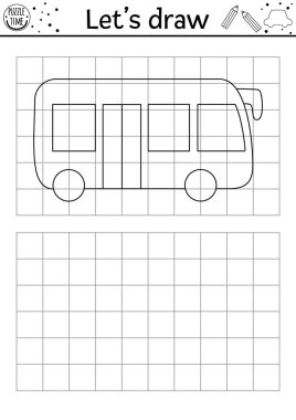 Otobüsü çekin. Vektör taşıma çizim çalışma tablosu. Kamu aracı olan çocuklar için basılabilir siyah beyaz etkinlik. Aktarım kopyası ya da resim boyama pag 'ını tamamla