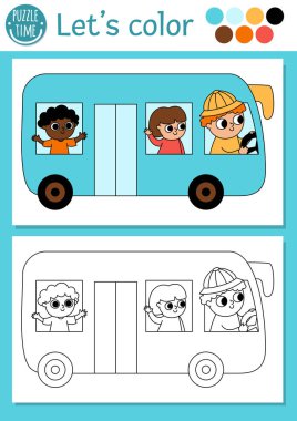 Otobüsü, şoförü, yolcusu olan çocuklar için ulaşım boyama sayfası. Vektör su taşıma şeması çizimi. Renkli örnekleri olan çocuklar için boyama kitabı. Çizim becerileri yazdırılabilir çalışma grubu