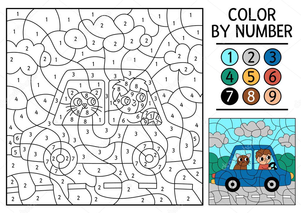 Vector transportation color by number activity with boy driving a car with passenger cat. City transport scene. Black and white counting game with automobile. Coloring page for kids with man drive