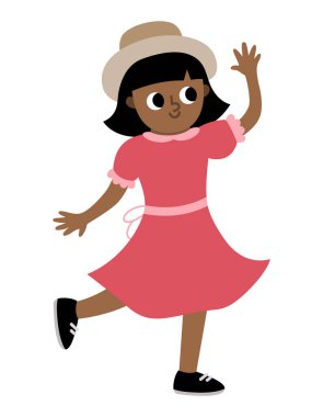 Kırmızı elbiseli ve şapkalı esmer dansçı kız. Kadın vektör illüstrasyonu. Beyaz grupta izole edilmiş sevimli karakter simgesi