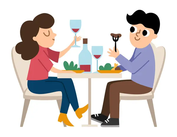 Pair Sitting Table Eating Drinking Wine Vector Illustration French People — Stock Vector