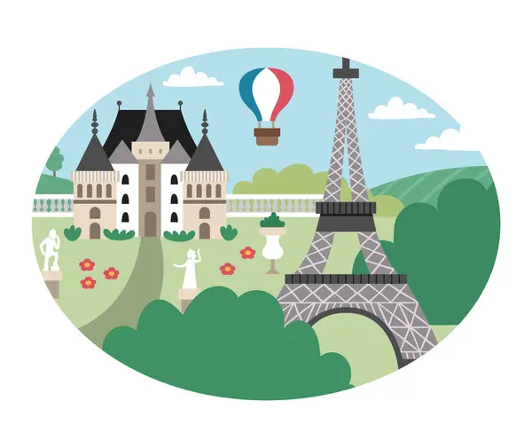 stock vector Vector Paris landscape illustration. French capital city scene with Eiffel tower and castle framed in oval. Cute France background with park, sculptures and hot air balloo