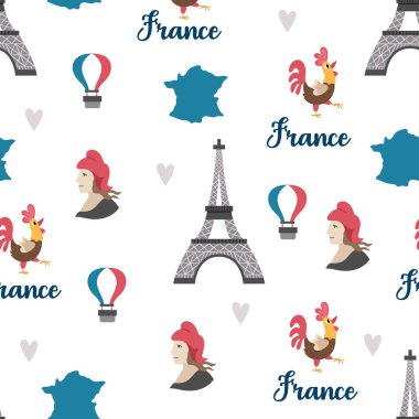 Fransa, vektörsüz desen sembolü. Eyfel Kulesi, Marianne, harita, üç renkli sıcak hava balonu. Geleneksel nitelikli şirin Paris dijital kağıdı