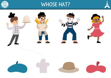 Fransa 'nın gölgesi eşleşiyor. Fransızlarla bulmaca. Doğru basılabilir şapka çalışma kağıdını bul. Pandomimci çocuklar için komik bir sayfa, şef, baget ekmekli adam, kız ve kafaları