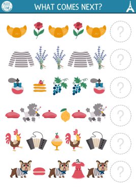 Sırada ne var? Fransa okul öncesi çocuklar için kruvasan, lavanta, üzüm, bere, badem kurabiyesi, horoz gibi etkinlikleri eşleştiriyor. Fransız temalı mantıksal çalışma tablosu. Satır parıltısına devam et