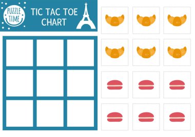 Vektör France tiktak parmak grafiği ve geleneksel tatlı. Masa oyunu sahası. Komik Fransızca basılabilir çalışma tablosu. İsimler ve haçlar sevimli kruvasan ve macaroo ile birlikte.