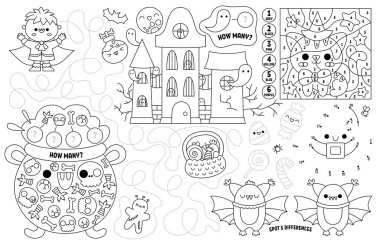 Çocuklar için Vector Kawaii Cadılar Bayramı paspası. Tatil basılabilir paspası, labirent, tik taktik parmak çizelgesi, noktaları birleştir, farkı bul. Siyah ve beyaz sonbahar oyun hasırı veya boyama bezi