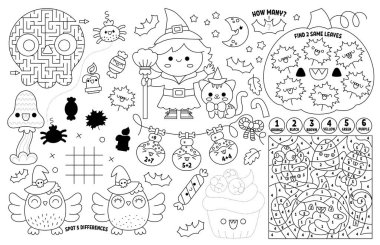 Çocuklar için Vector Kawaii Cadılar Bayramı paspası. Tatil basılabilir paspası, labirent, tik taktik parmak çizelgesi, noktaları birleştir, farkı bul. Siyah ve beyaz sonbahar oyun hasırı veya boyama bezi