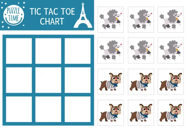 stock vector Vector France tic tac toe chart with poodle and bulldog. Board game playing field. Funny French printable worksheet. Noughts and crosses grid with cute animal character