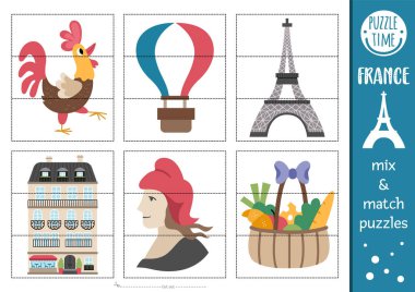 Vektör Fransa bulmacayı sevimli geleneksel sembollerle karıştır ve eşleştir. Anaokulu öğrencileri için Fransızca işaretli etkinlik. Eiffel Tower, Marianne, horoz, baguett ile eğitici basılabilir oyun
