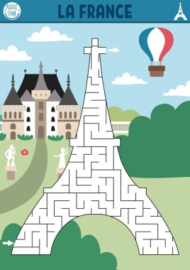 Maze for kids with Eiffel Tower. French preschool printable activity for children with main Paris landmark. Geometric labyrinth game or puzzle with France place of interest, scene, castl clipart