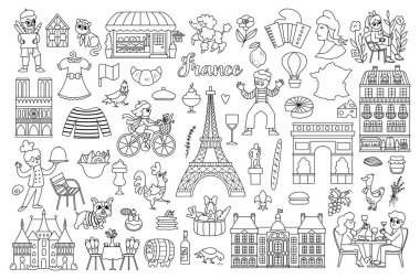 Fransa sembolleri vektör kümesi. Fransız manzaralı, yiyecekli büyük siyah beyaz koleksiyon Eyfel Kulesi, insanlar, baget, kruvasan. Sarayı, kalesi, pandomimcisi, kurabiyesi olan şirin Paris çizgisi simgeleri, Marianne.
