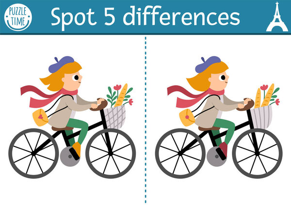 Найти различия игры для детей. Образовательная деятельность с симпатичной девушкой на велосипеде с багетом в корзине. Паб для детей со смешным французским характером. Печатный лист или страница с французской символикой