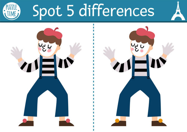 Найти различия игры для детей. Образовательная деятельность с милым мимом. Паб для детей со смешным французским характером. Печатный лист или страница с традиционным символом Franc