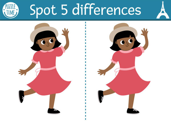 Найти различия игры для детей. Образовательная деятельность с симпатичной девушкой, танцующей в красивом платье. Паб для детей со смешным французским характером. Печатный лист или страница с французской символикой
