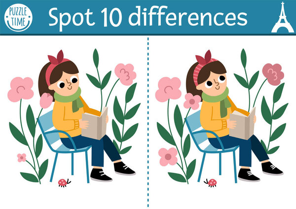 Найти различия игры для детей. Образовательная программа с симпатичной девушкой, читающей книгу в саду среди цветов. Головоломка для детей с французским характером. Печатный лист, страница с французской символикой
