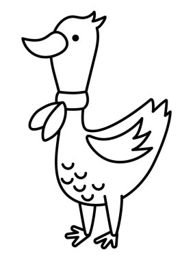 Eşarplı siyah beyaz kaz. Yurtiçi ya da çiftlik kuşu vektör çizimi. Sevimli karakter simgesi ya da boyama sayfası. Fransızca sembol resmi