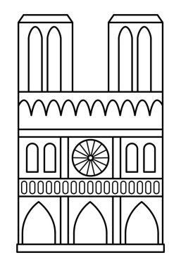 Vektör Notre Dame Katedrali siyah beyaz simgesi. Paris görüş çizgisi çizimi ya da boyama sayfası. Geleneksel Fransa simgesi. Tarihsel Fransız düz stil ilgi alanı