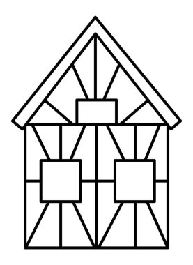 Vektör kereste çerçeveli ev hattı simgesi. Fransız ya da Alman geleneksel evi siyah-beyaz çizim ya da boyama sayfası. Çerçeveli tarihi ev resmi