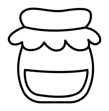 Vektör bal veya hardal kavanozu çizgisi simgesi. Güzel siyah beyaz kırsal cam kap kumaşla bağlanmış. Düz arıcılık çiftliği illüstrasyonu ya da boyama bezi