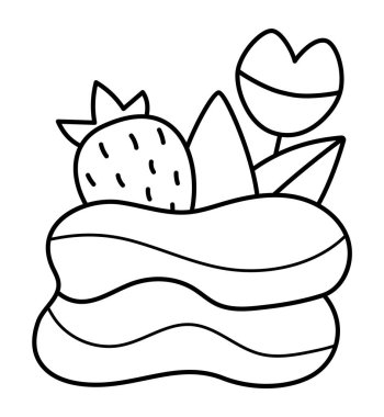 Çilekli Merengue ve dudak üstü simgesi. Fransız tatlı vektörü siyah beyaz çizim ya da boyama sayfası. Pasta resmi