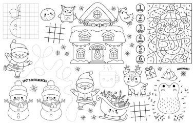 Çocuklar için vektör kawaii Noel paspası. Kış tatili basılabilir paspaslı labirent, tik taktik parmak çizelgesi, noktaları birleştirmek, farkı bulmak. Siyah ve beyaz kış oyun hasırı veya boyama bezi