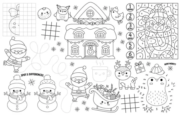 Çocuklar için vektör kawaii Noel paspası. Kış tatili basılabilir paspaslı labirent, tik taktik parmak çizelgesi, noktaları birleştirmek, farkı bulmak. Siyah ve beyaz kış oyun hasırı veya boyama bezi