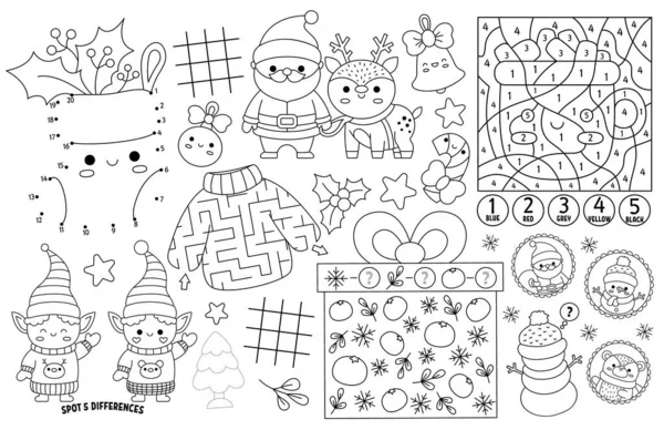 Çocuklar için vektör kawaii Noel paspası. Kış tatili basılabilir paspaslı labirent, tik taktik parmak çizelgesi, noktaları birleştirmek, farkı bulmak. Siyah ve beyaz kış oyun hasırı veya boyama bezi