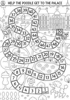 Fransa, Lüksemburg Sarayı 'na bahçe yoluyla giden kanişi olan çocuklar için siyah-beyaz zar oyunu. Parkta sevimli bir köpekle Fransız borda oyunu. Yazdırılabilir etkinlik veya renklendirici pag