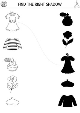 Fransa siyah ve beyaz gölgeleri eşleşiyor. Fransız yapbozu, parfüm, lavanta, bere, çizgili gömlek. Doğru siluet yazdırılabilir satır çalışma kağıdını bul. Çocuk için komik boyama sayfası