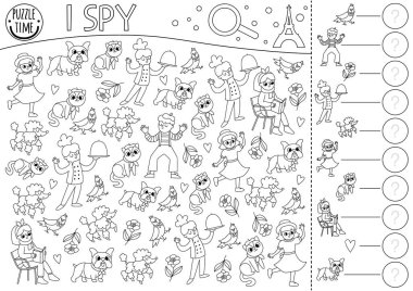 Fransa siyah beyaz çocuklar için casusluk oyunu. İnsanlarla, hayvanlarla yapılan araştırmalar ve sayımlar. Fransız baskı hattı çalışma tablosu. Basit bir bulmaca ya da şef, pandomimci, gül, kız ile boyama sayfası