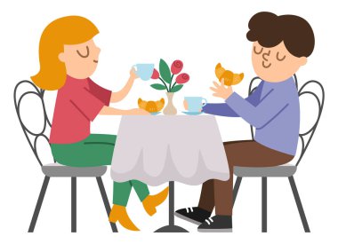 Masada oturan, kruvasan yiyen, kahve ya da çay içen çiftler. Fransız halkı ile siyah beyaz vektör illüstrasyonu. Kadın adam iyi vakit geçiriyor. Sevimli karakterler satır simgesi ya da renklendirme pag