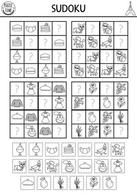 Resimli çocuklar için vektör Fransa sudoku bulmacası. Kesik ve yapıştırıcı elementli basit siyah beyaz Fransızca sınavı. Eğitim aktivitesi ya da pastırmalı, bereli, köpekli boyama sayfası. Eksik nesneyi çiz
